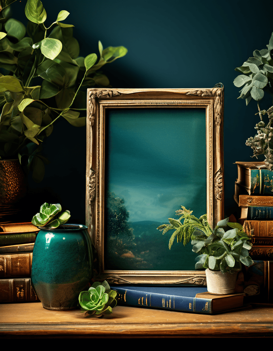 Warm antique picture frame surrounded by vintage books