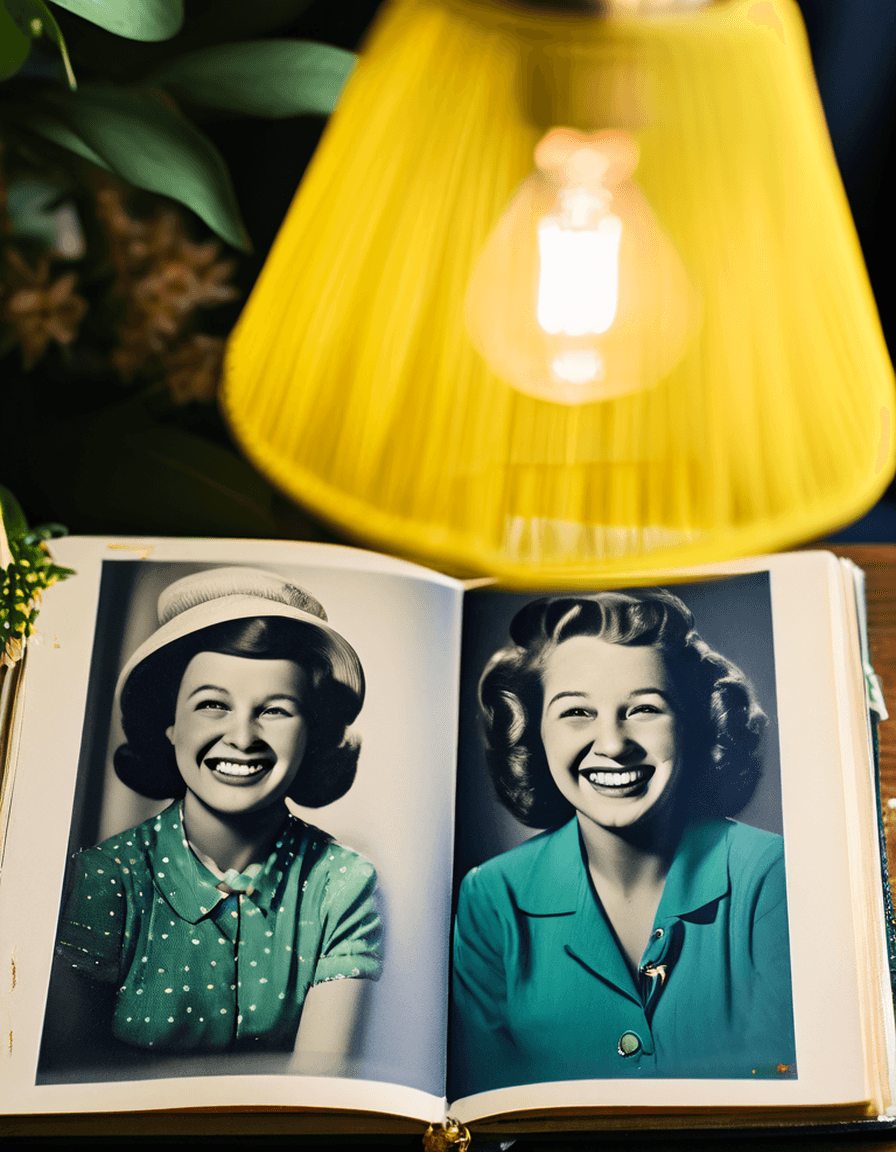 Vintage family photo album open under warm lamp light